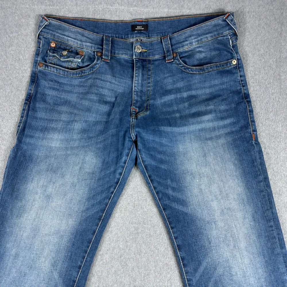 True Religion Jeans Mens 42x32 Blue Ricky Relaxed Straight Flap Pockets Denim